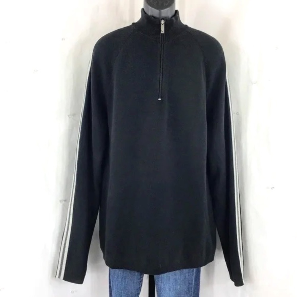 Eddie Bauer Mens Sweater Cotton Black 1/4 Zip Striped Sleeve Sz XL - Tall